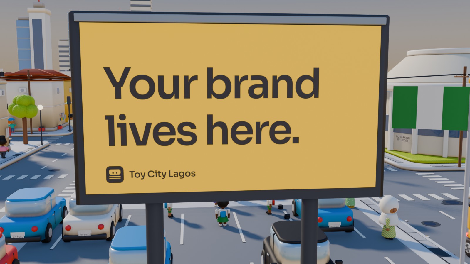 An LED board over a Toy City Lagos street reading Your brand lives here