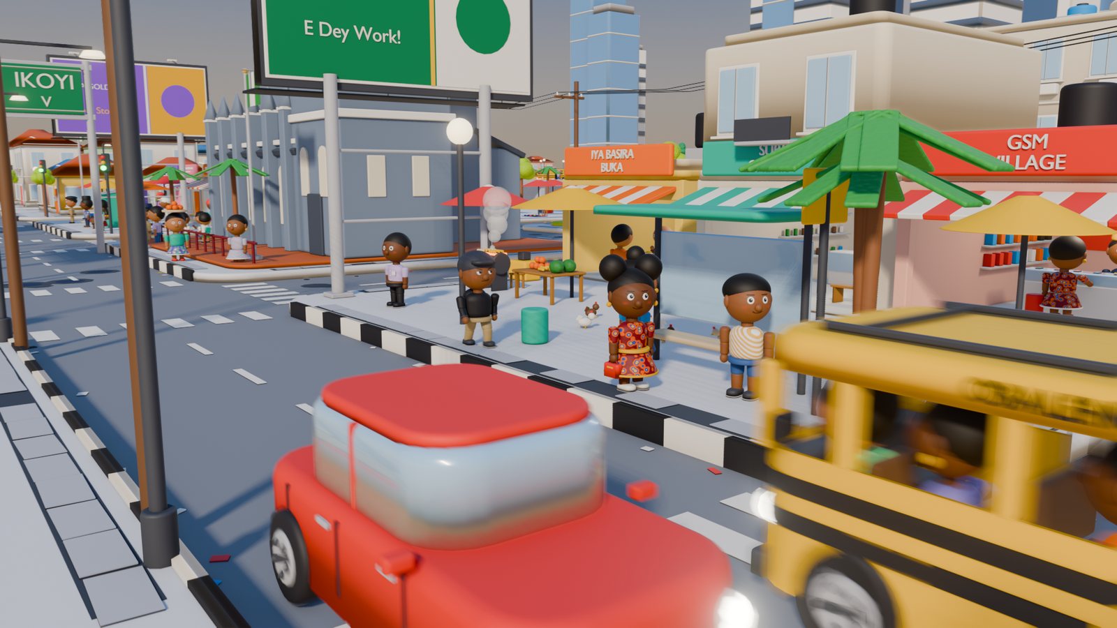 A finished Toy City Lagos street with a danfo, a red car and residents at a bus stop