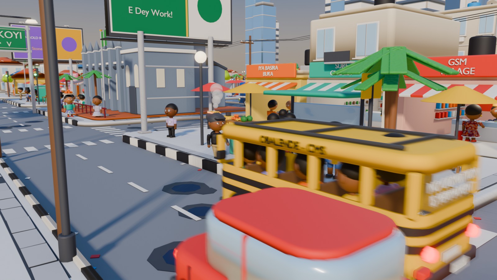 A danfo arriving at a busy bus stop in Toy City Lagos