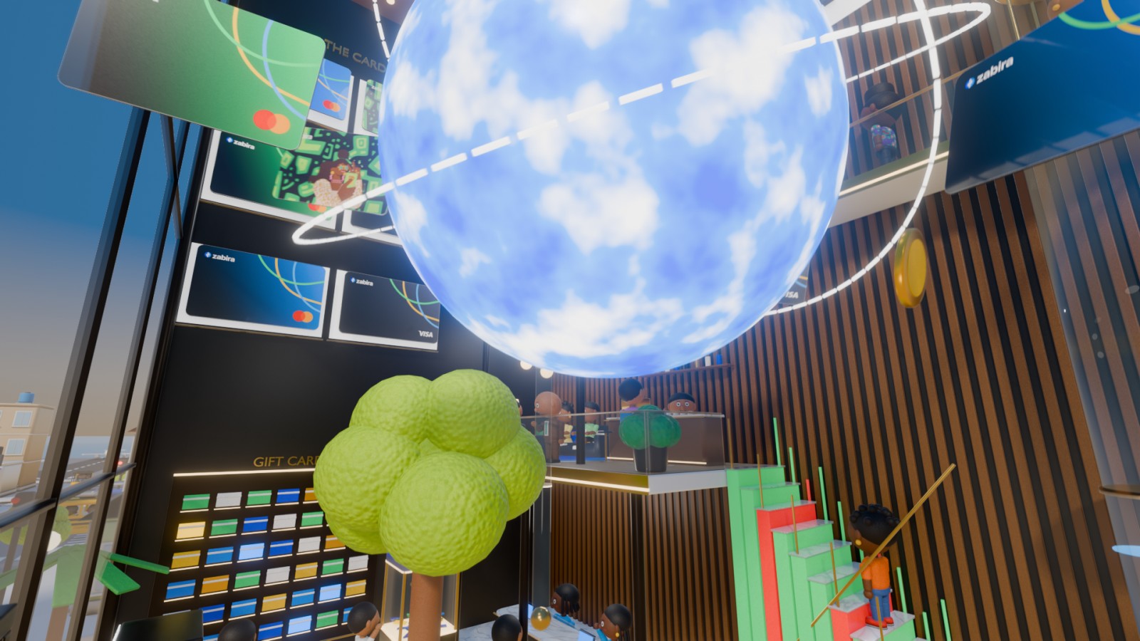 The atrium of Zabira World with a glowing orb and a wall of cards