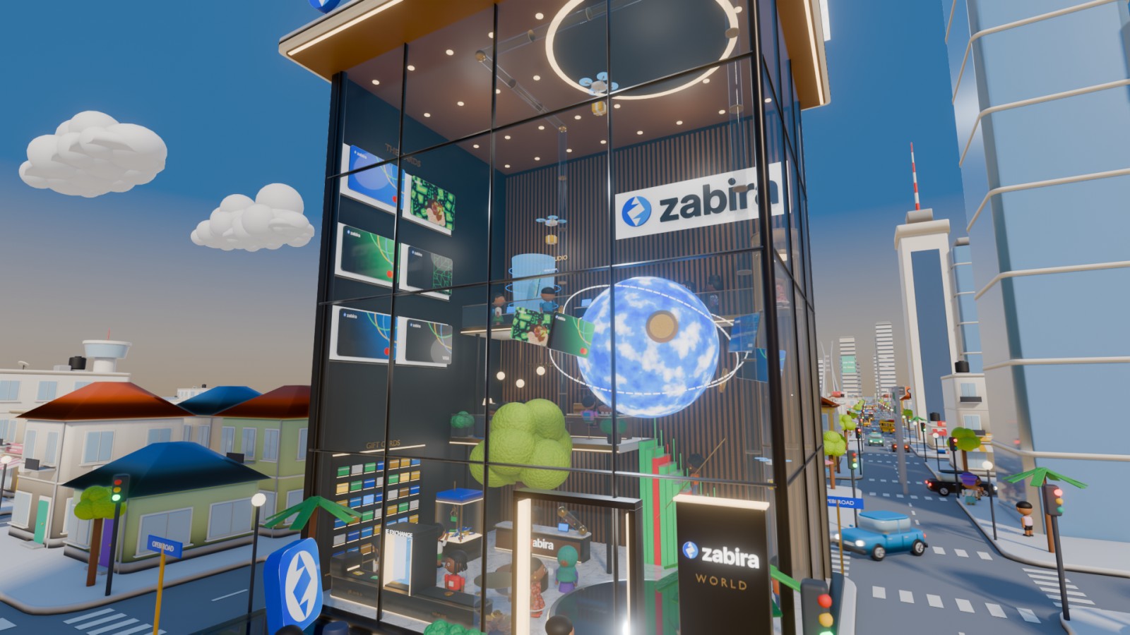 Zabira World, a glass building with a glowing orb inside